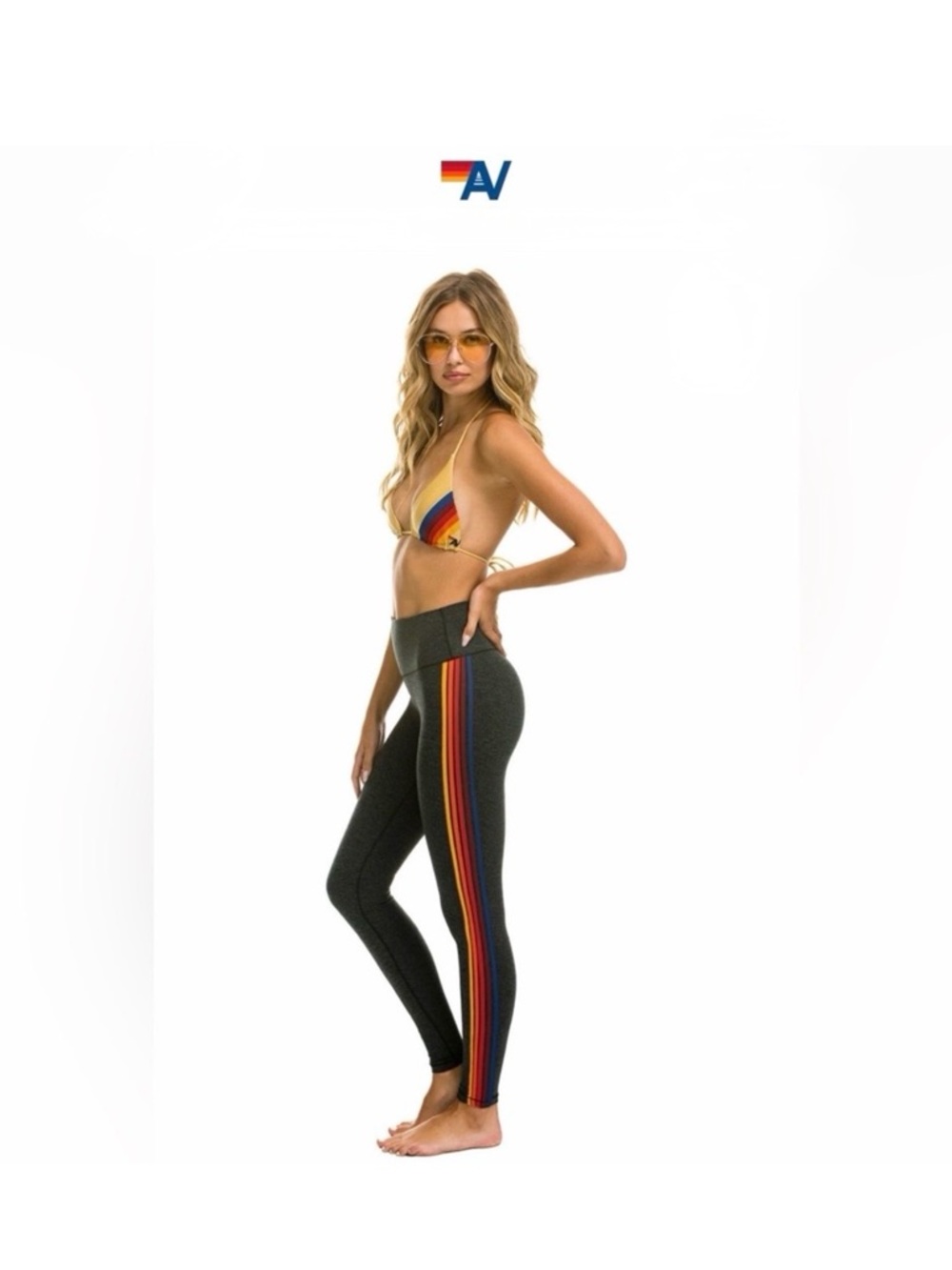 Aviator Nation Black High-Waist Leggings with Rainbow Side Stripes